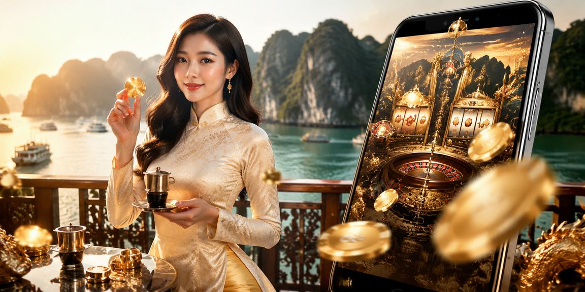 Người dùng truy cập sự kiện thể thao qua điện thoại với phong cảnh Vịnh Hạ Long