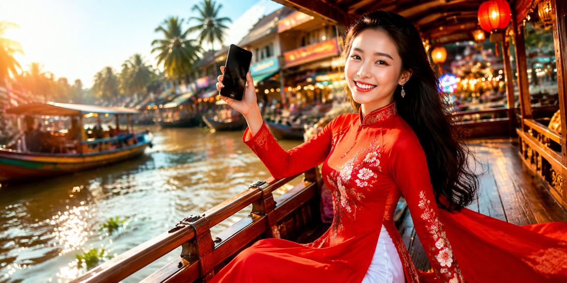 Người phụ nữ mặc áo dài tại vùng Mekong tham chiếu khuyến mãi xổ số và casino trực tuyến