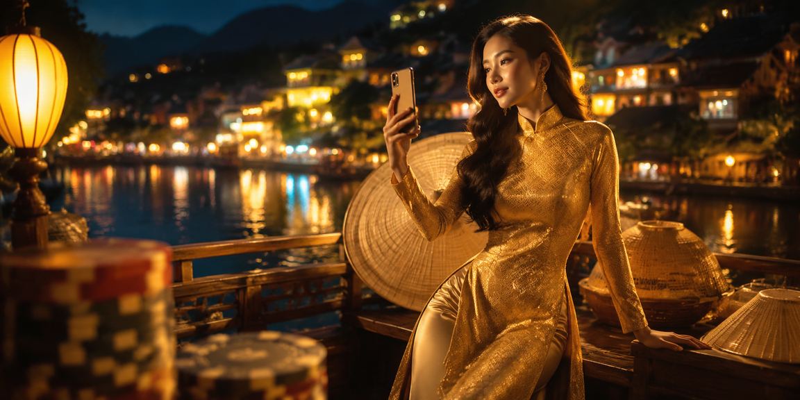 Người dùng mặc áo dài tại Sa Pa trải nghiệm casino mobile trong không khí núi rừng